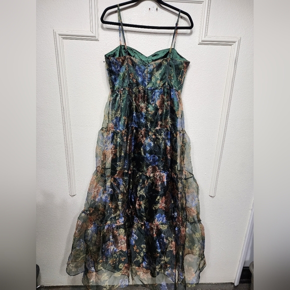 Lulus Exclusive Glamour Green Floral Organza Tiered Maxi Dress L Wedding Prom - Picture 10 of 10